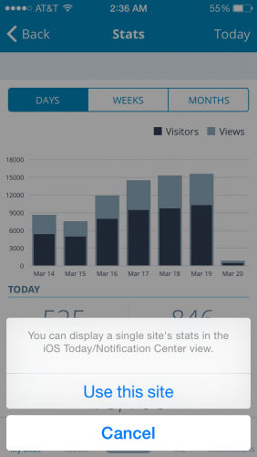 Selecting Use This Site will add its stats to the Notification center