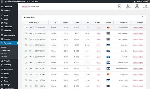 WooCommerce Payments transactions screen.