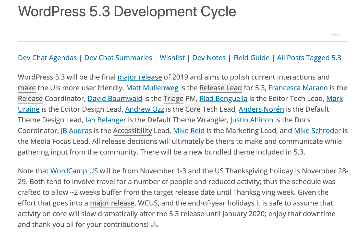 Screenshot of the WordPress 5.3 Development Cycle Page with the names of the squad
