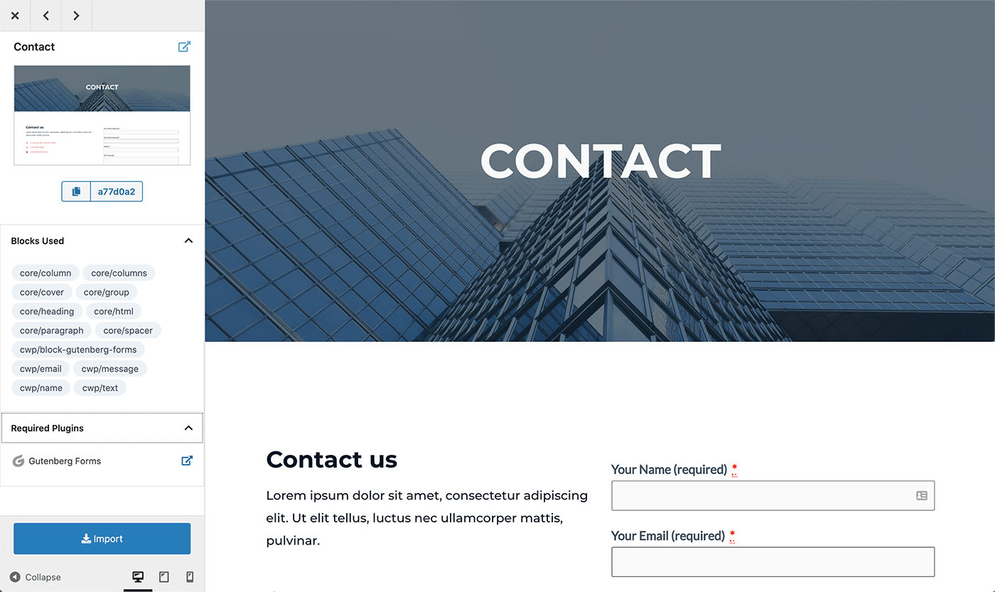 Contact template from the Redux plugin in preview mode.