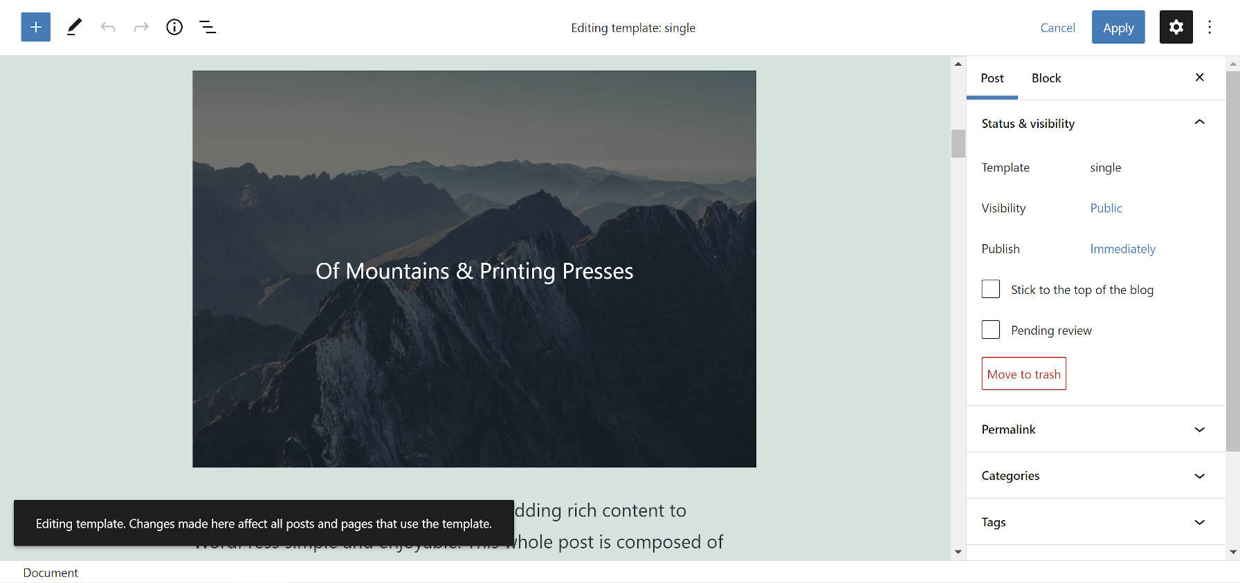 Gutenberg template editing mode from within the post editor.