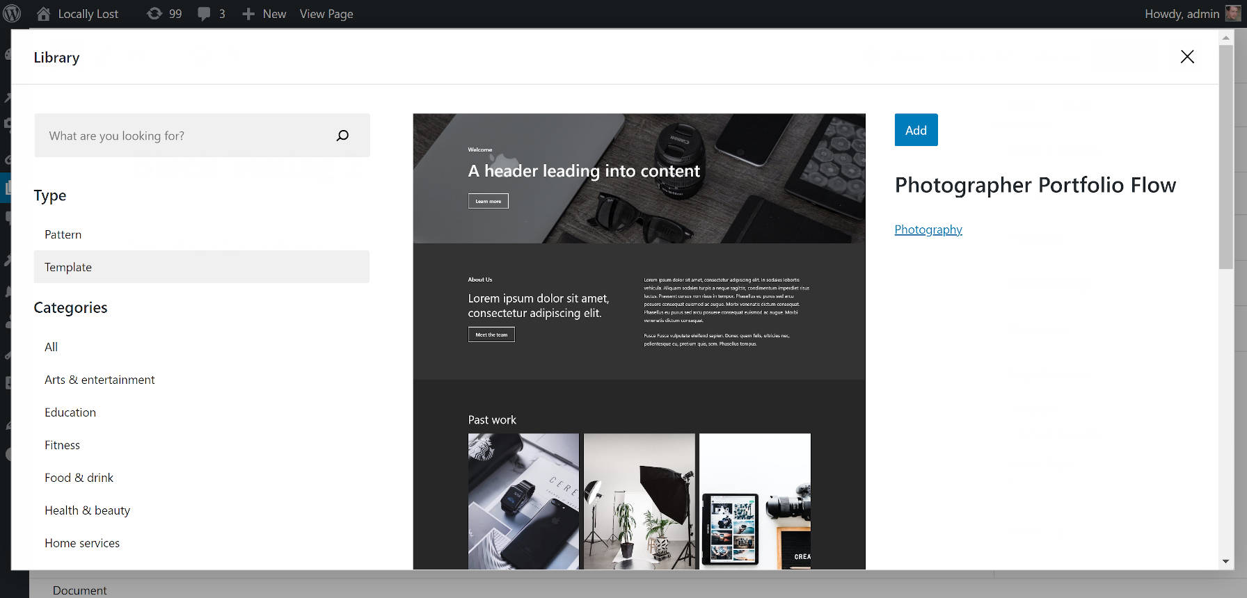 Selecting a photography-related template via the Editor Plus WordPress plugin.
