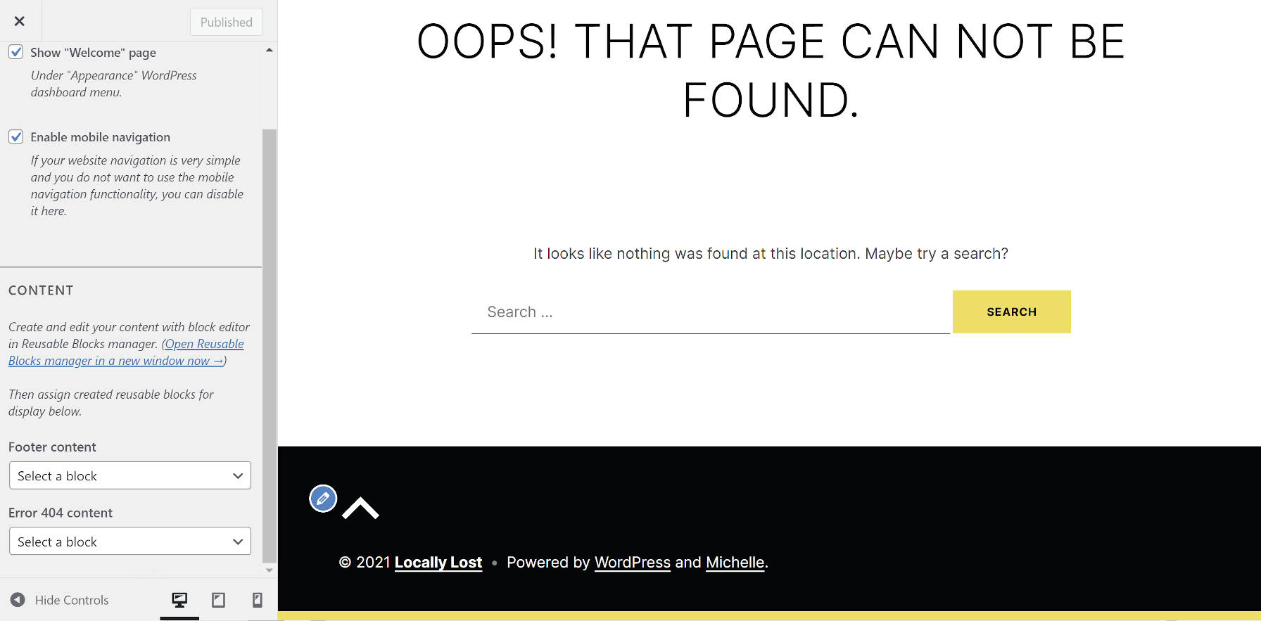 Options de personnalisation du thème Michelle WordPress pour modifier le contenu de la page 404 et du pied de page.