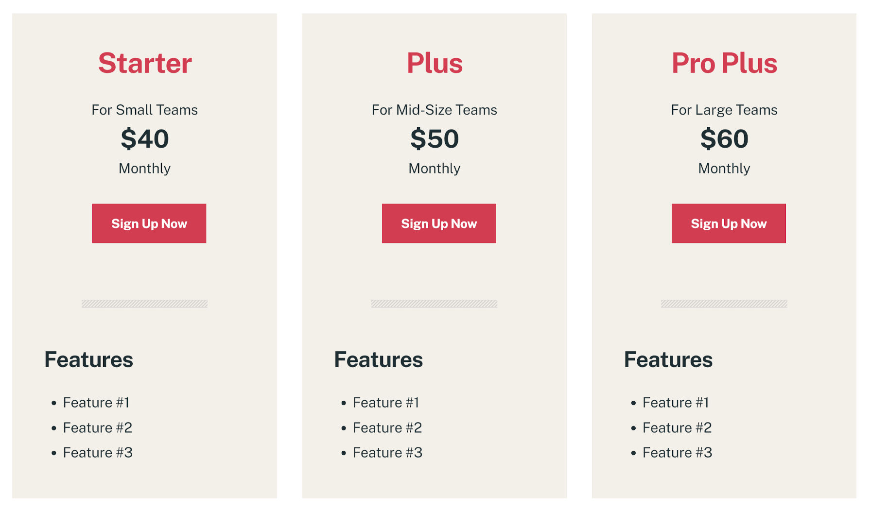 Pricing columns using the Eksell WordPress theme in the block editor.