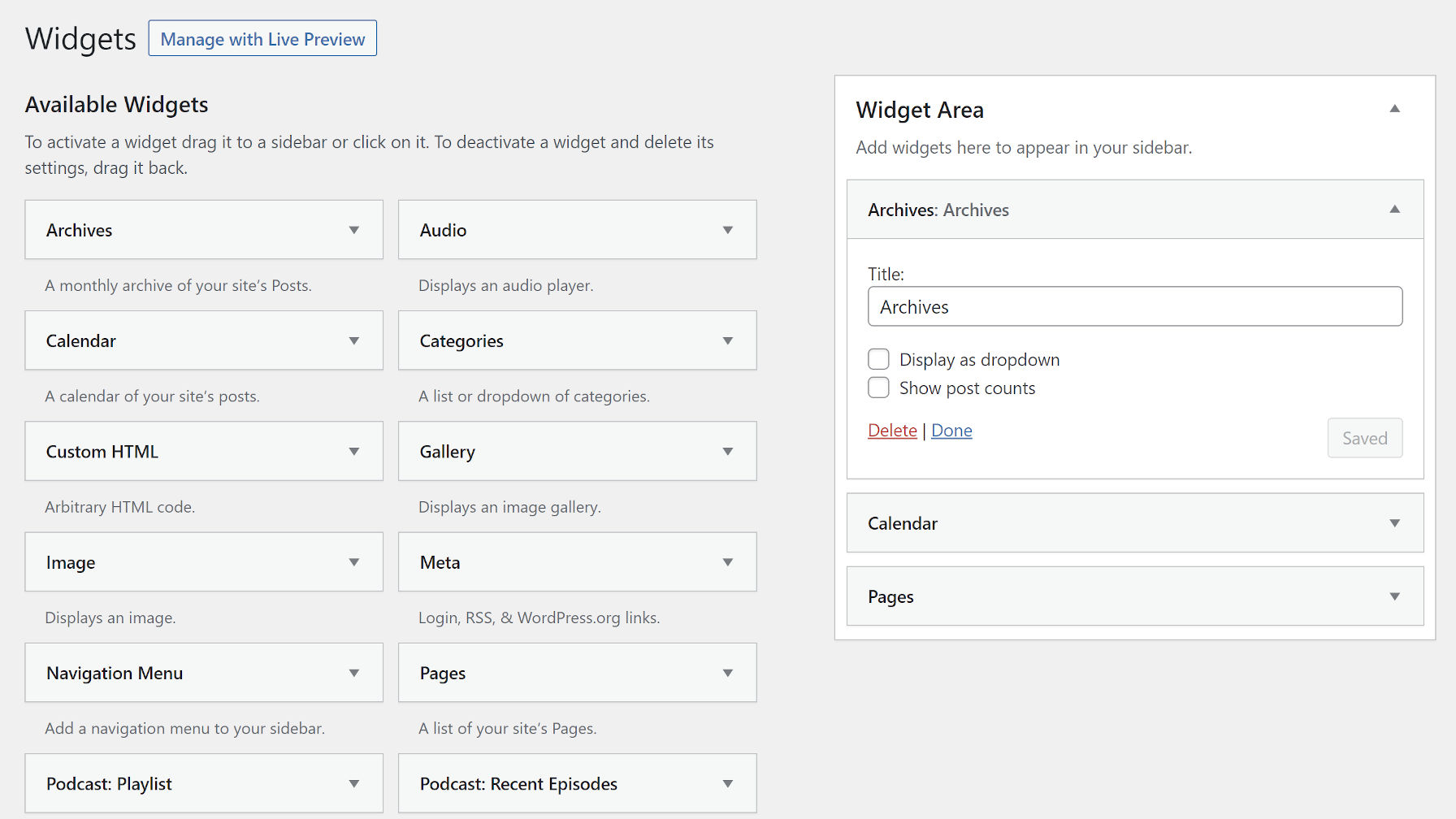 The traditional WordPress widgets screen with draggable widgets and sidebars.