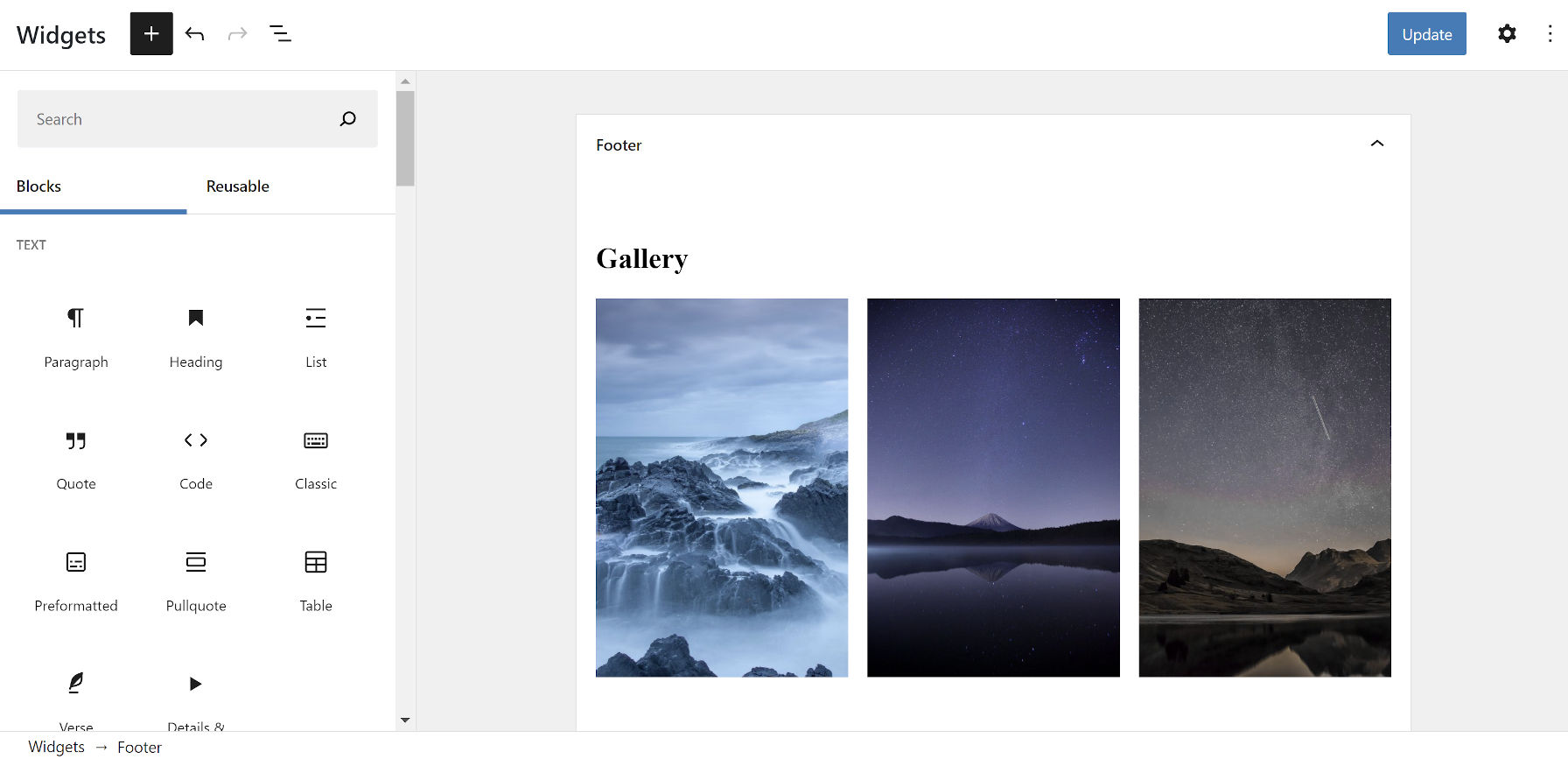 Adding a Gallery block to the footer sidebar in the WordPress block widgets screen.
