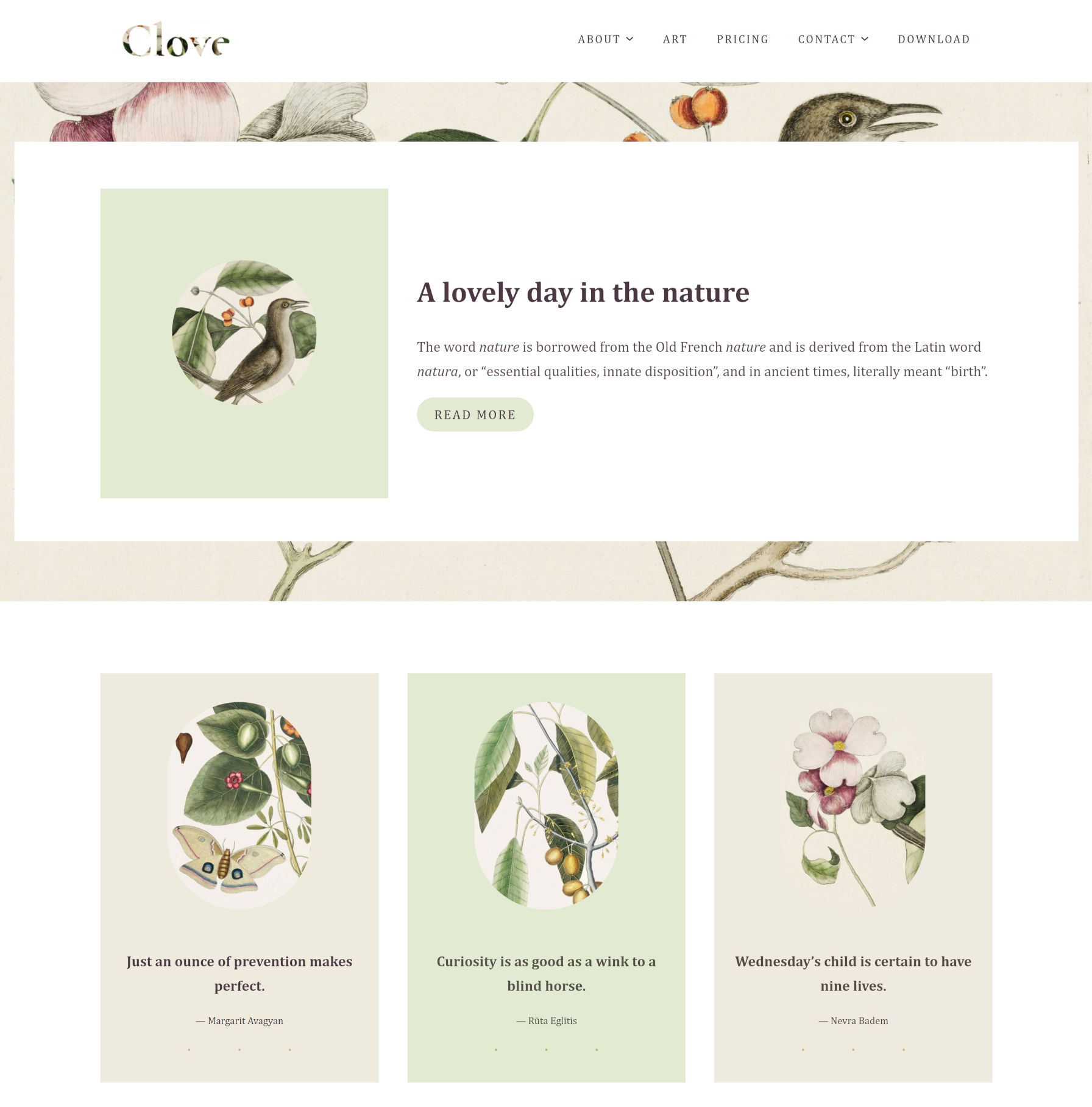 Clove WordPress theme homepage with a hero section across the top and three columns of images with quotes.