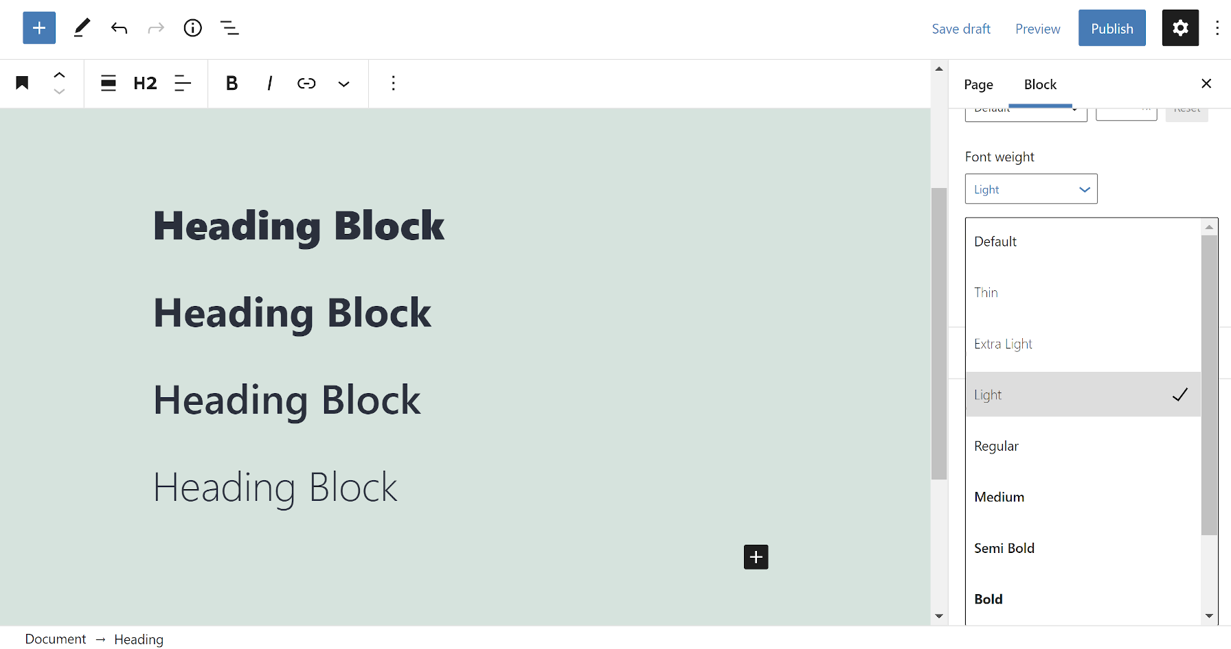 Più blocchi di intestazione mostrati nell'editor di WordPress con diversi pesi dei caratteri.