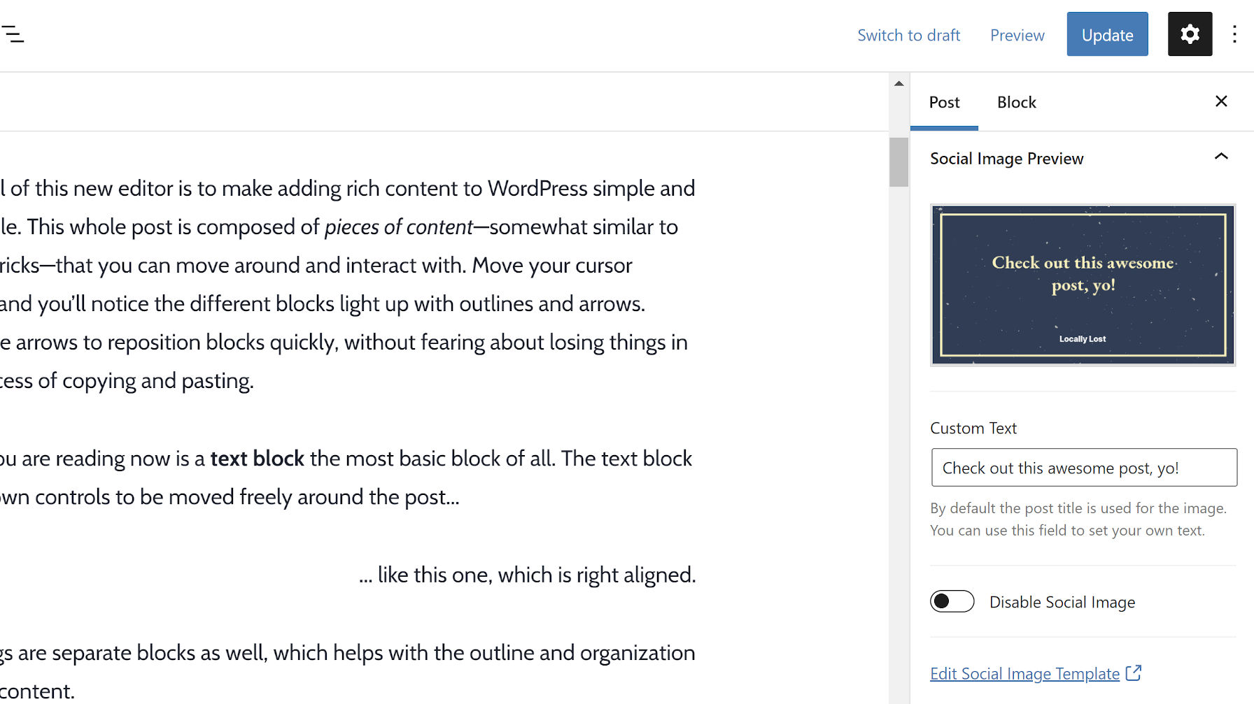 Customizing the social image via a sidebar meta box from the WordPress post editor.