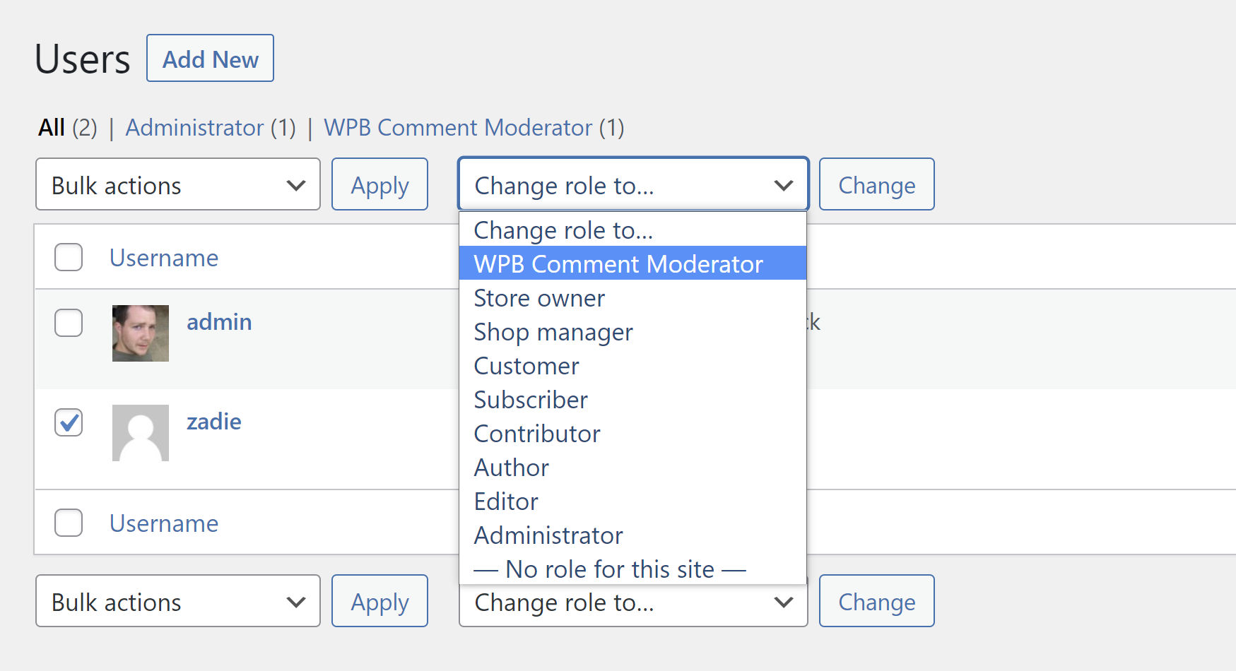 Screenshot of the WordPress user management screen, assigning a role to a user.