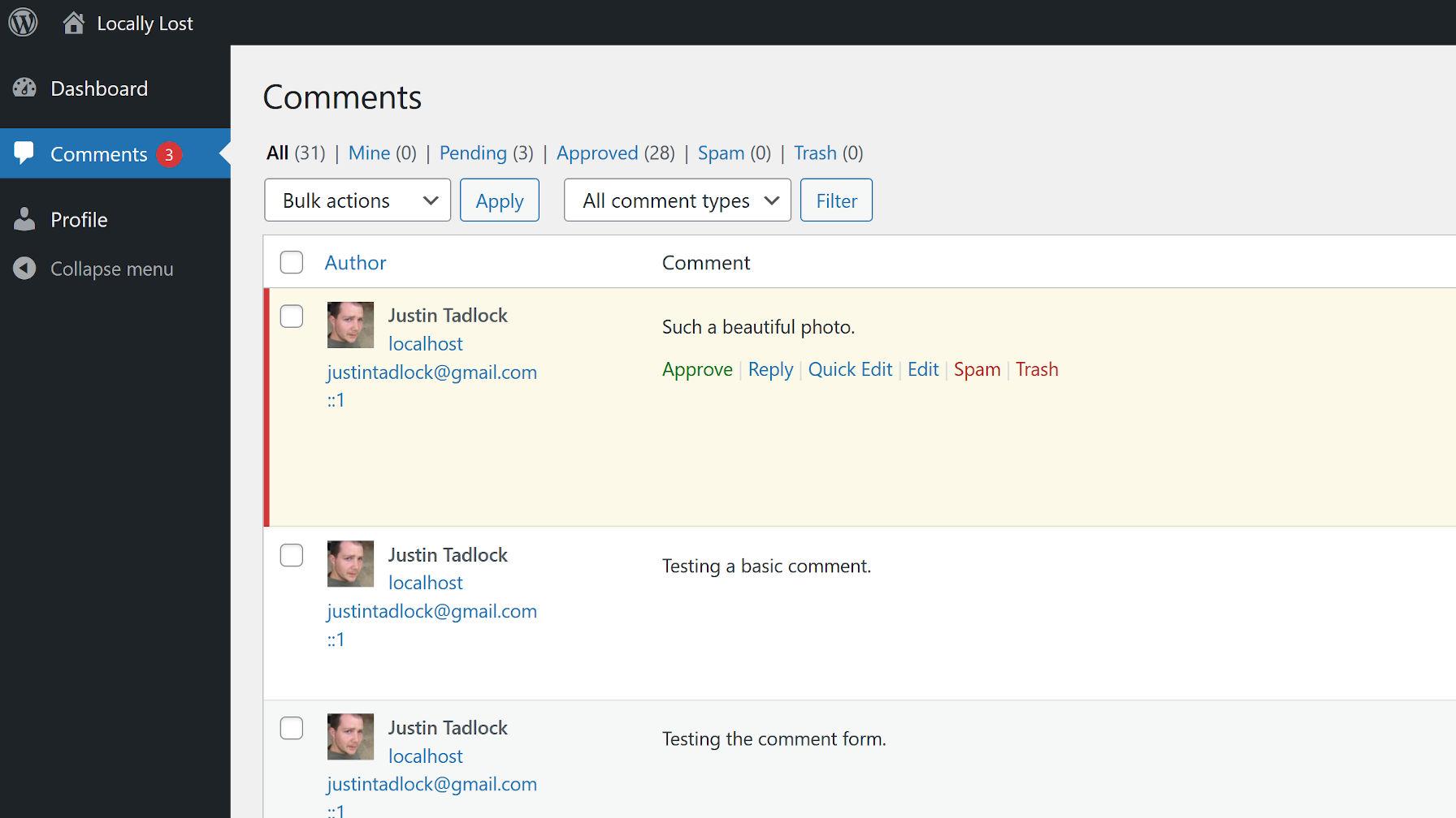 Schermata di gestione dei commenti se visualizzato come utente con il ruolo di moderatore di commenti WPB.