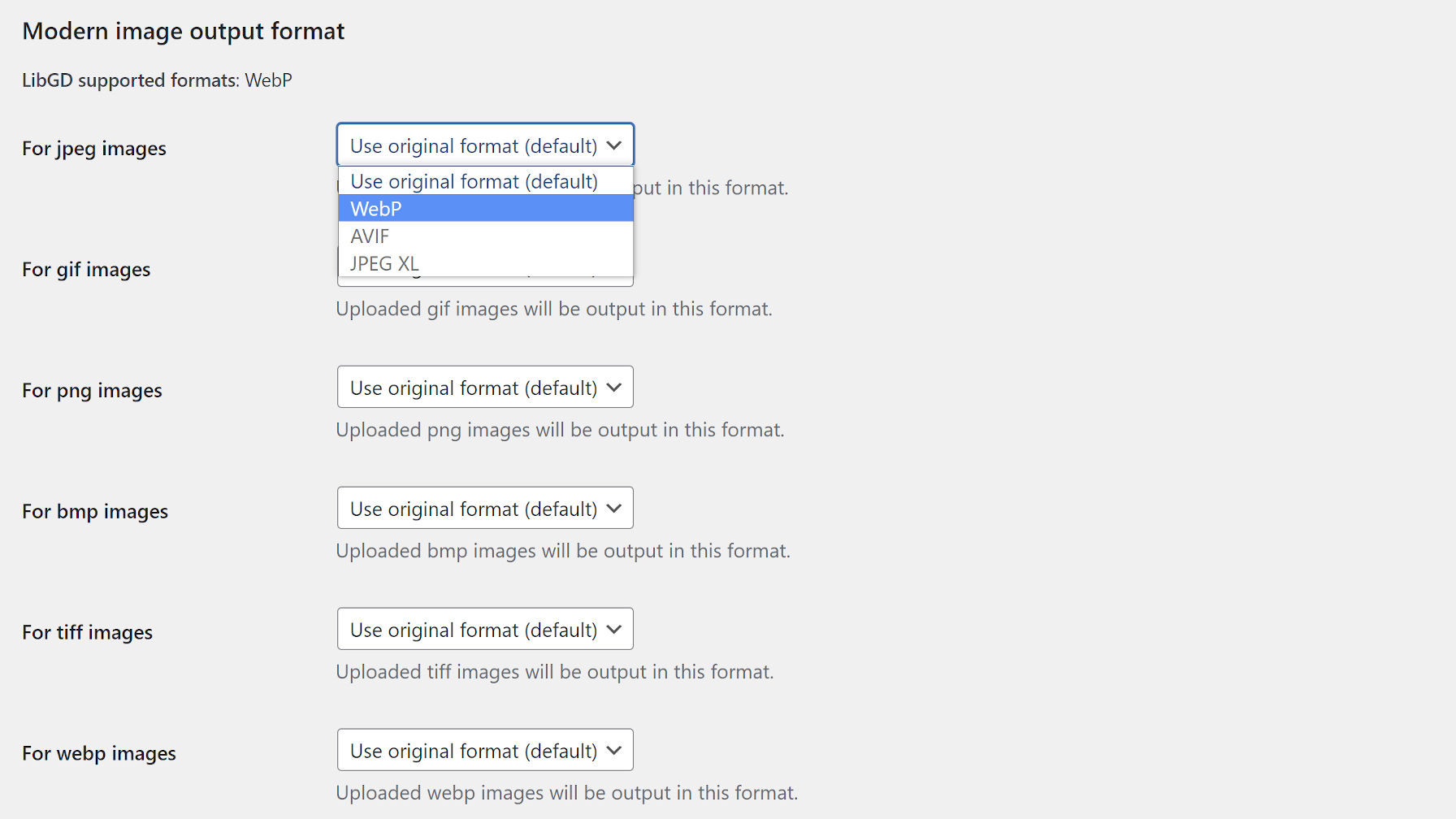 Settings screen for the Modern Images WP plugin.