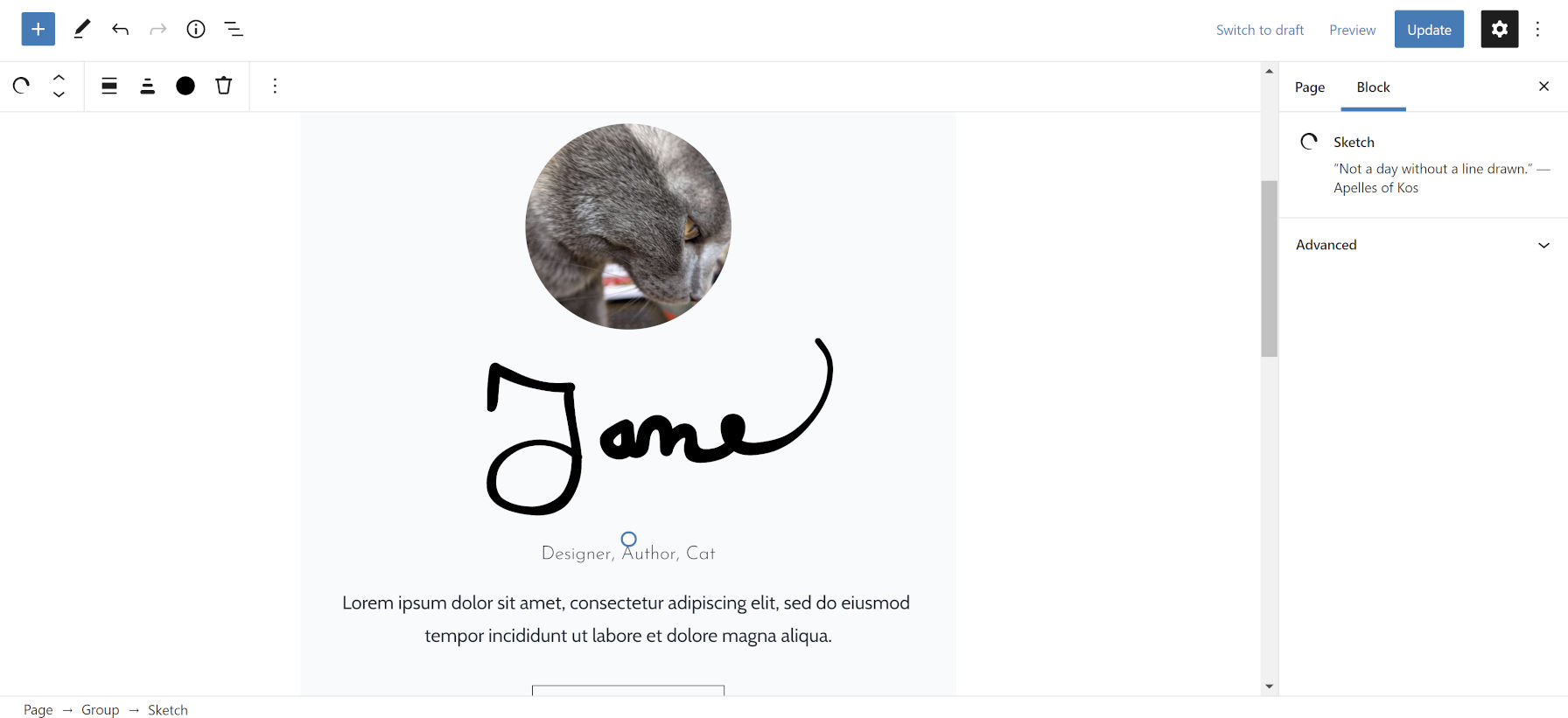 Profile card in the WordPress editor, signature written beneath the profile photo.