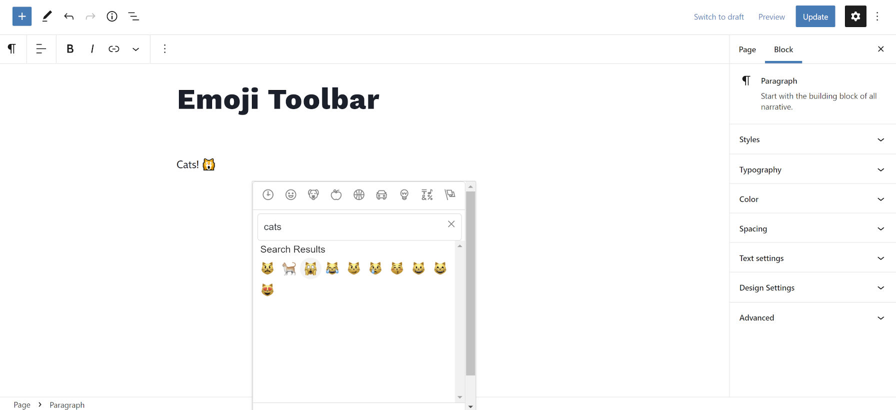 Popup emoji picker in the WordPress editor from the Emoji Toolbar plugin.