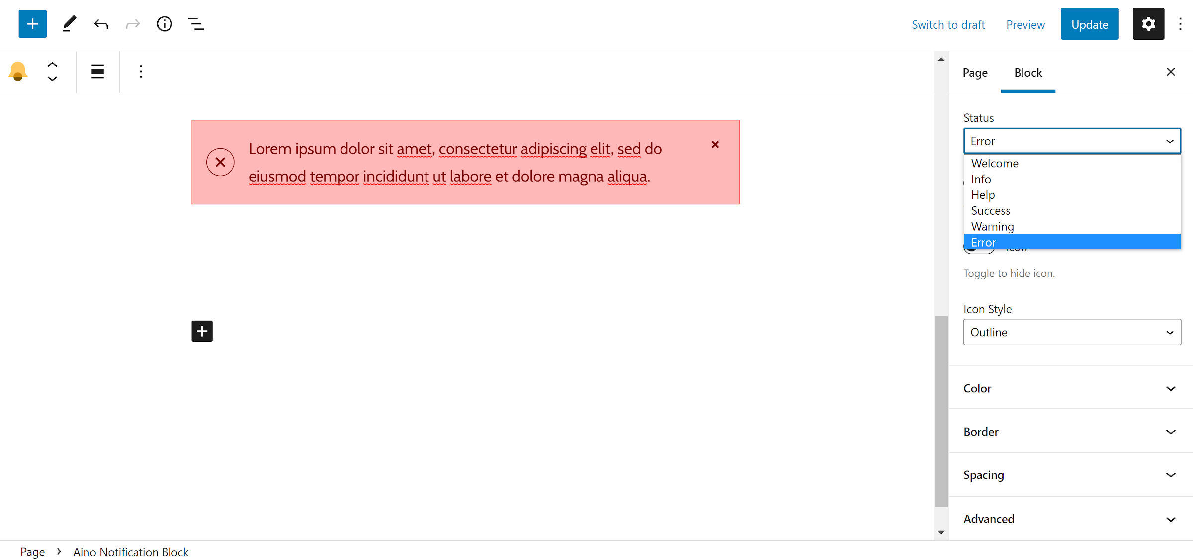 Adding an error notification via the Aino Notification Banner plugin in the WordPress editor.