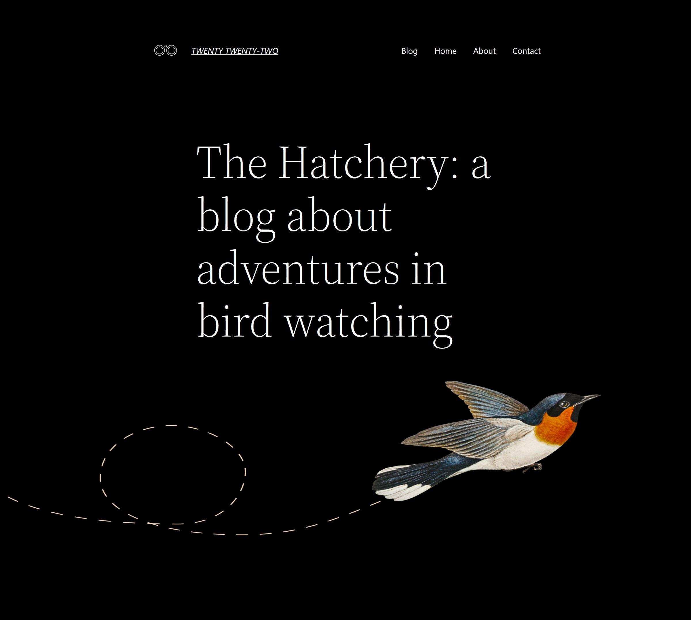 Design della home page del tema WordPress Twenty Twenty-Two che presenta uno sfondo nero con un grande slogan e un'immagine di un uccello in volo nella parte inferiore.