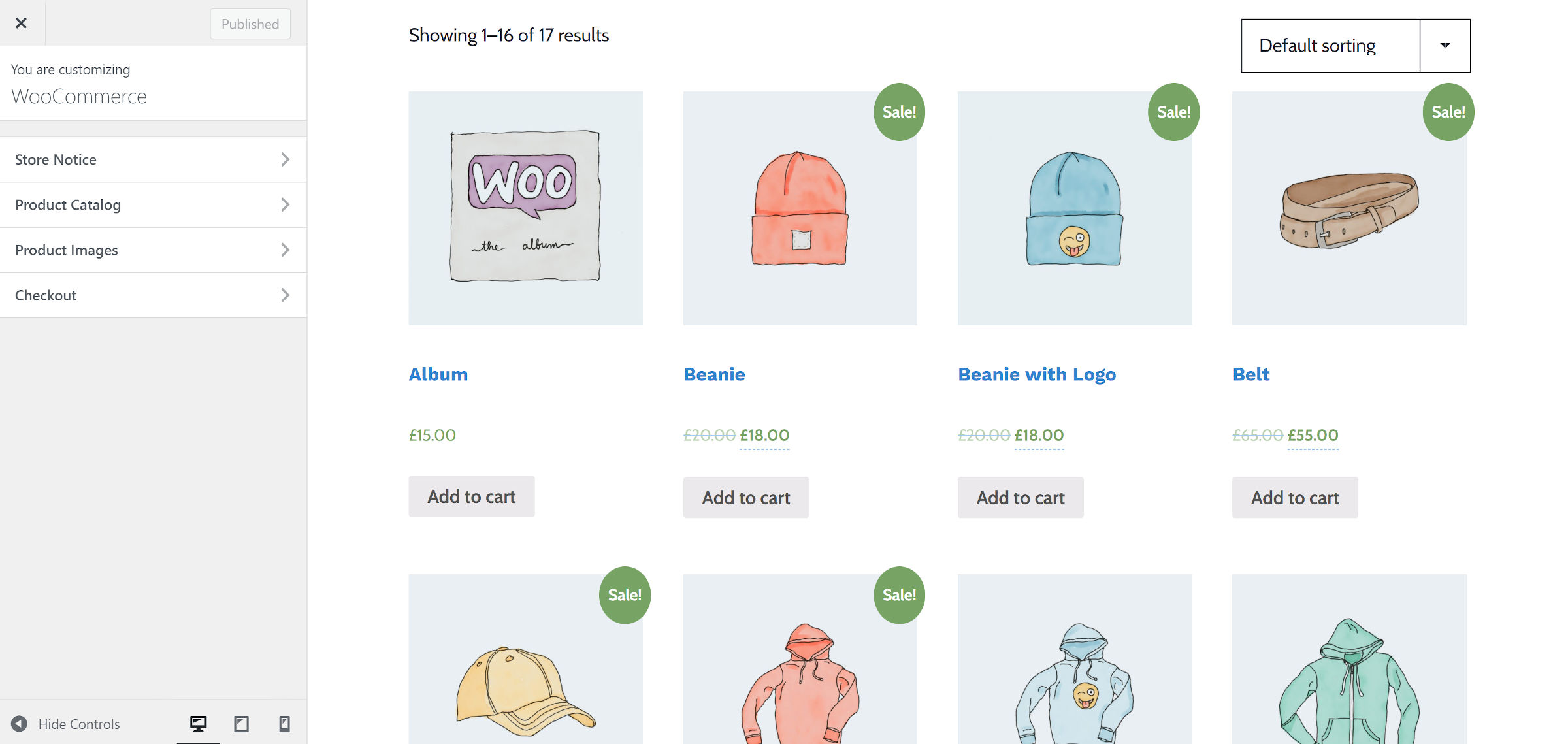 Schermata di personalizzazione di WordPress focalizzata sul pannello del plugin WooCommerce, che mostra la pagina del negozio.
