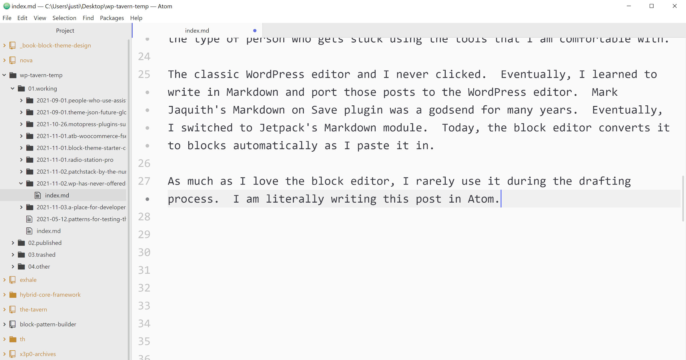 Screenshot di un post di un blog scritto con un carattere a spaziatura fissa nell'editor Atom.