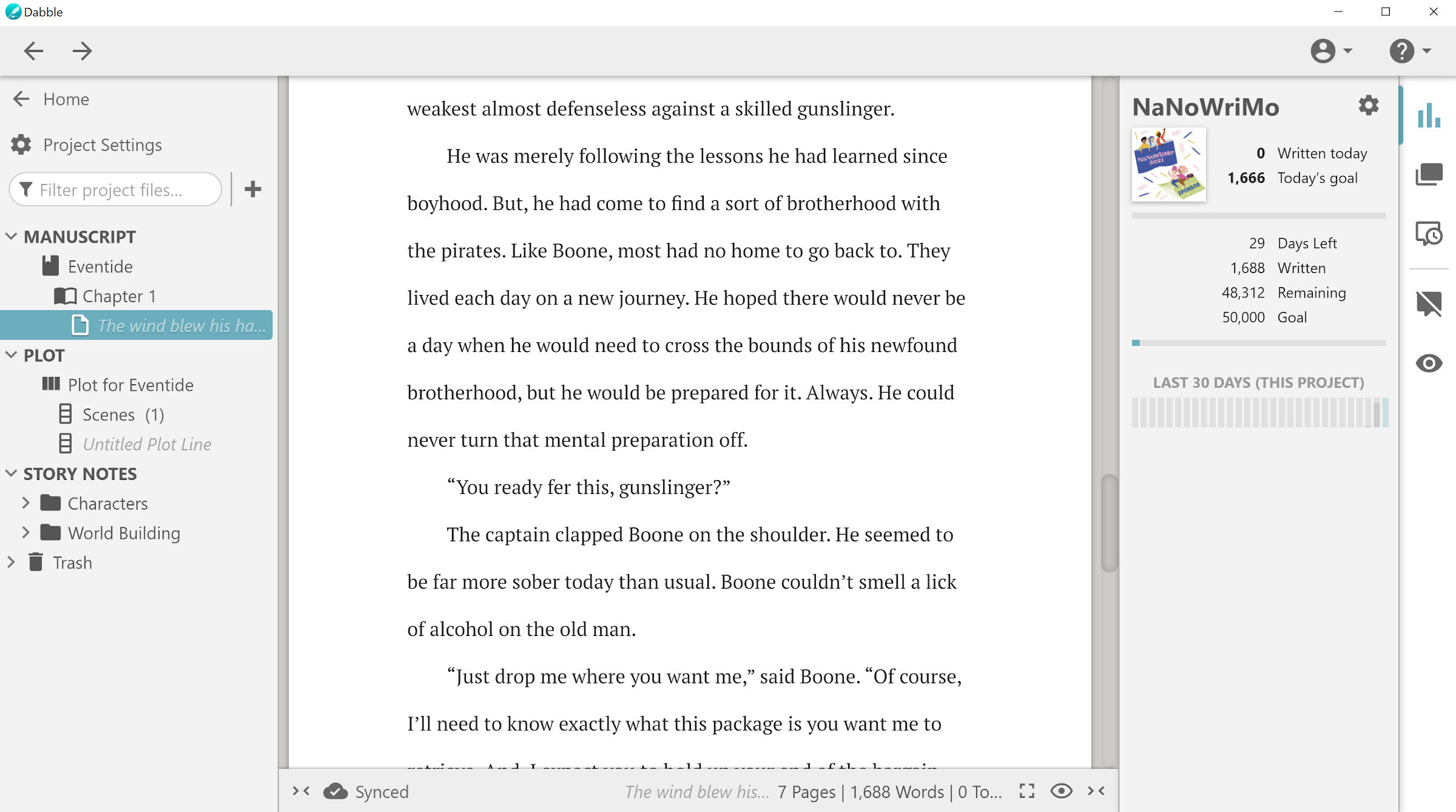 Screenshot of the Dabble writing software. Content areas shows words written on the screen.