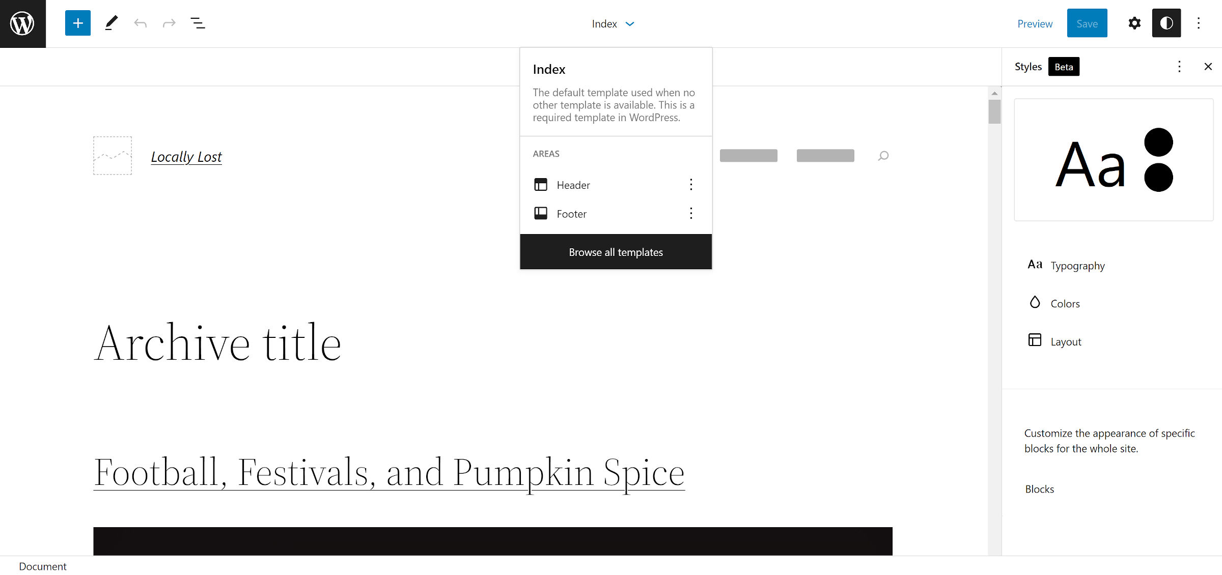 WordPress site editor.  Template editing canvas on the left, global styles options on the right.