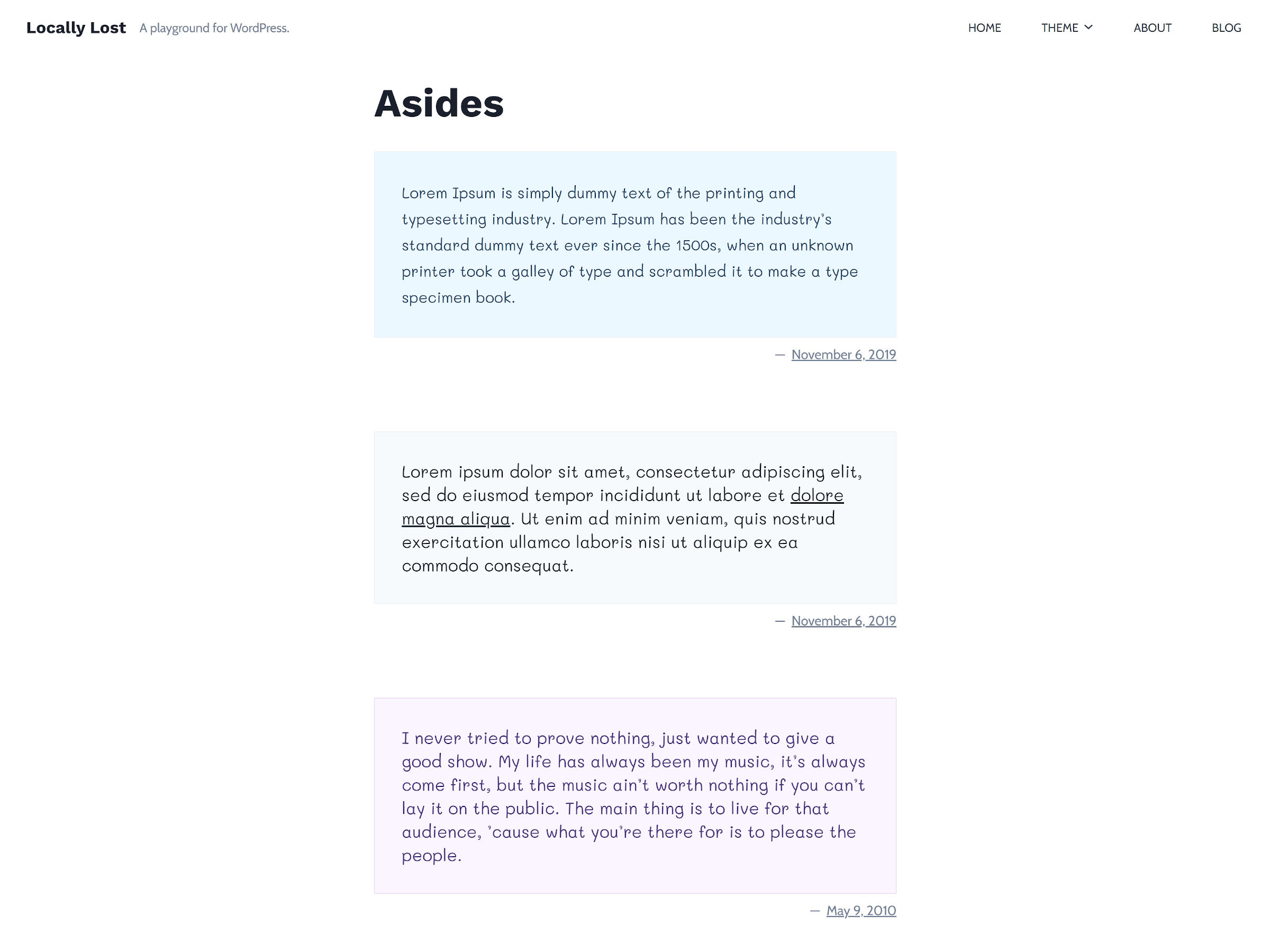 Archive page in WordPress showing aside posts, each with a different-colored background.