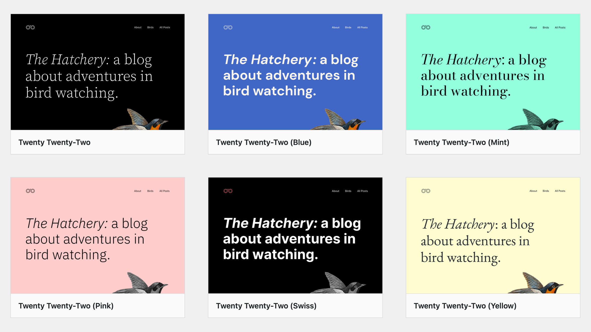 Un gruppo di sei schermate del tema Twenty Twenty-Two WordPress con diversi colori e combinazioni di caratteri.