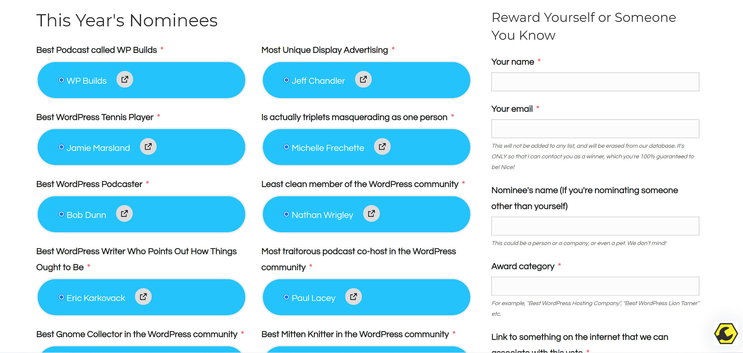 Schermata dei premi e del modulo di invio per gli scherzi WP Builds WordPress 2021.