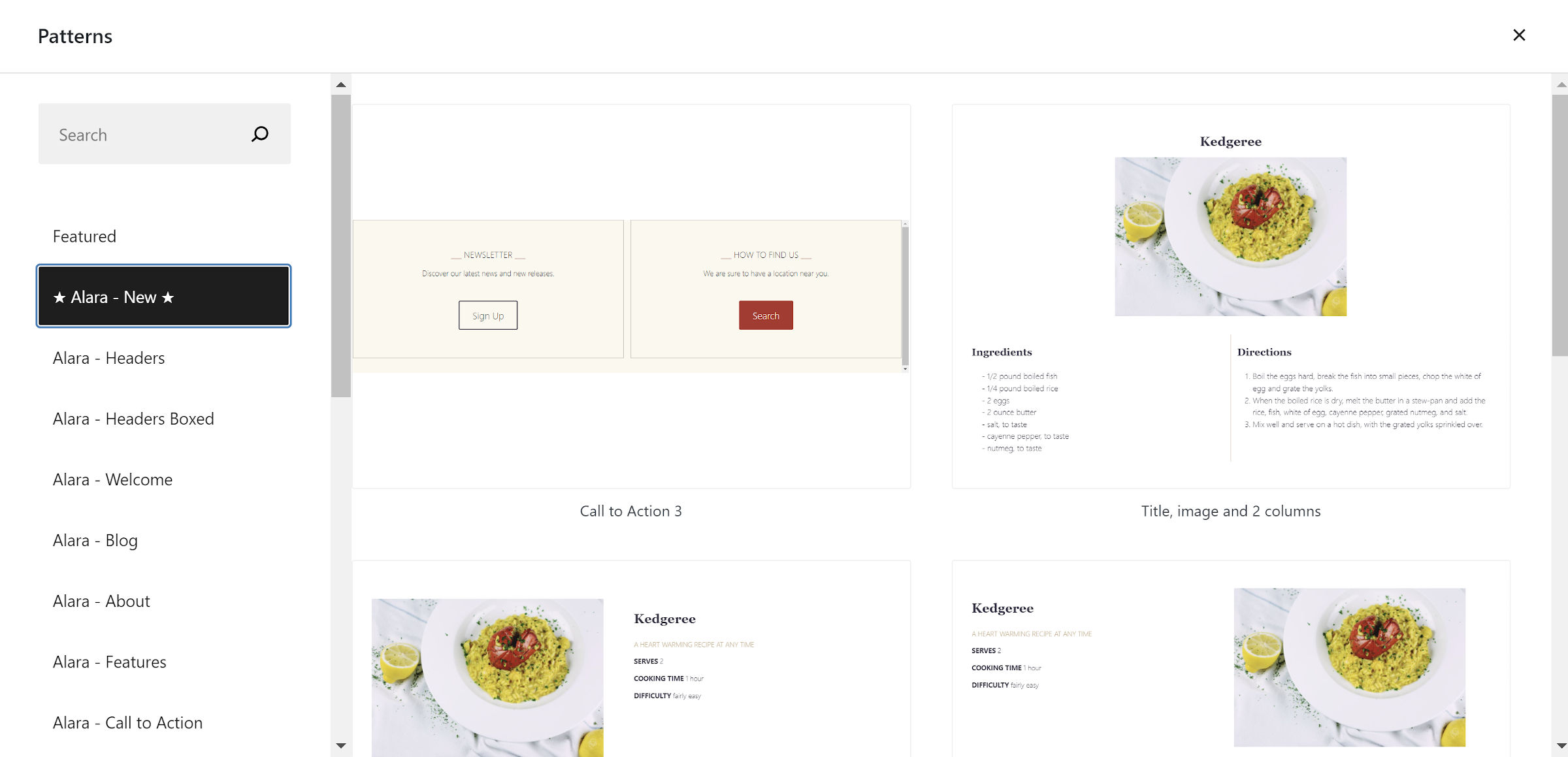 WordPress patterns explorer with the Alara theme's newest patterns category shown in two columns.