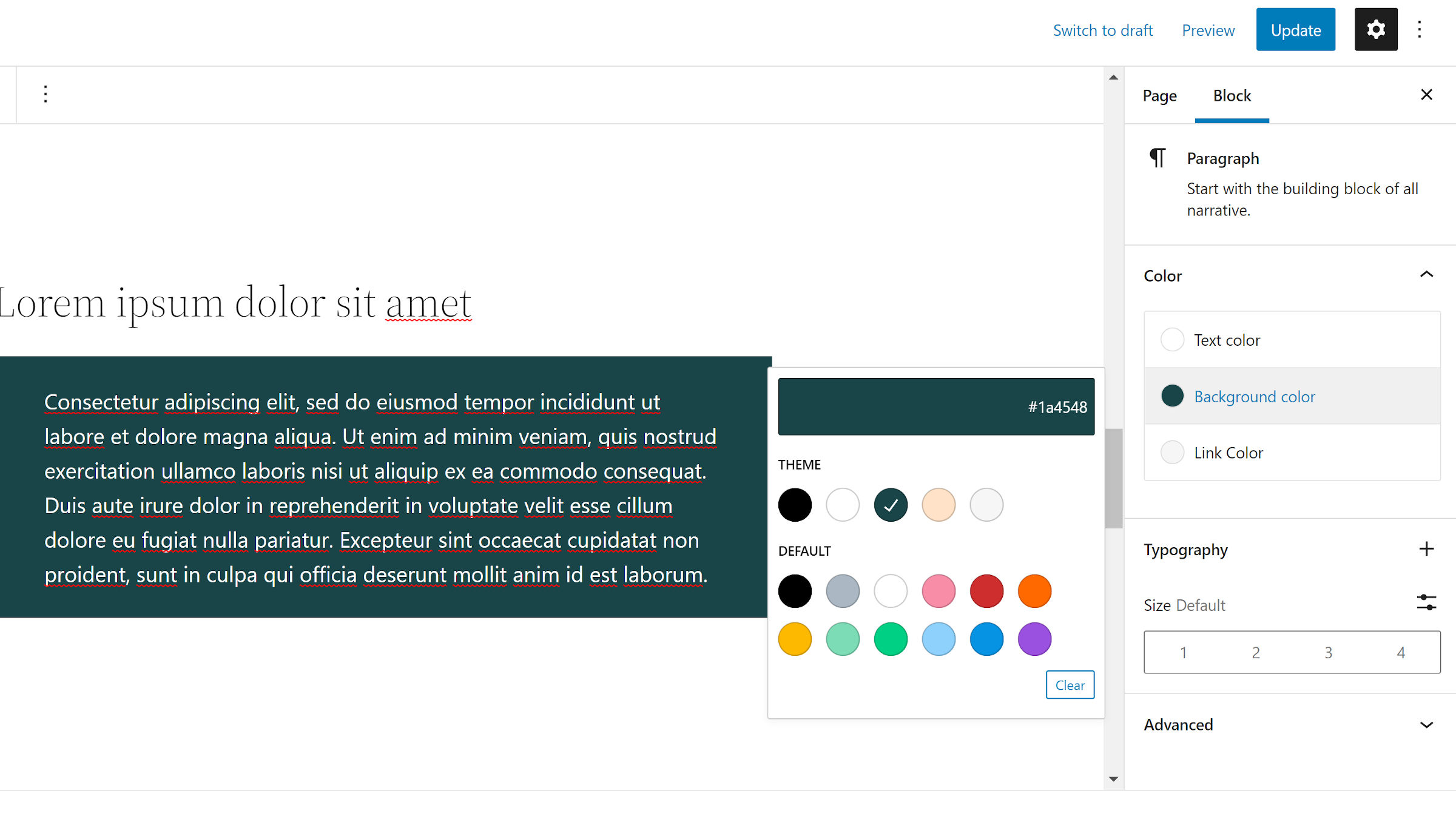 WordPress block editor with the color options panel open for a paragraph. The color picker is popped up on the screen.