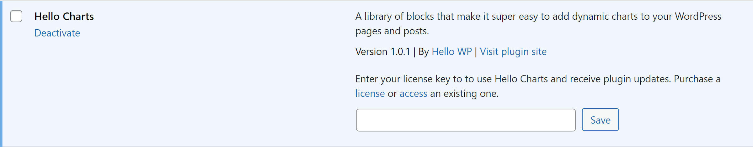 Hello Charts plugin listing from the WordPress Plugins admin screen. It has a license key field beneath its description and data.