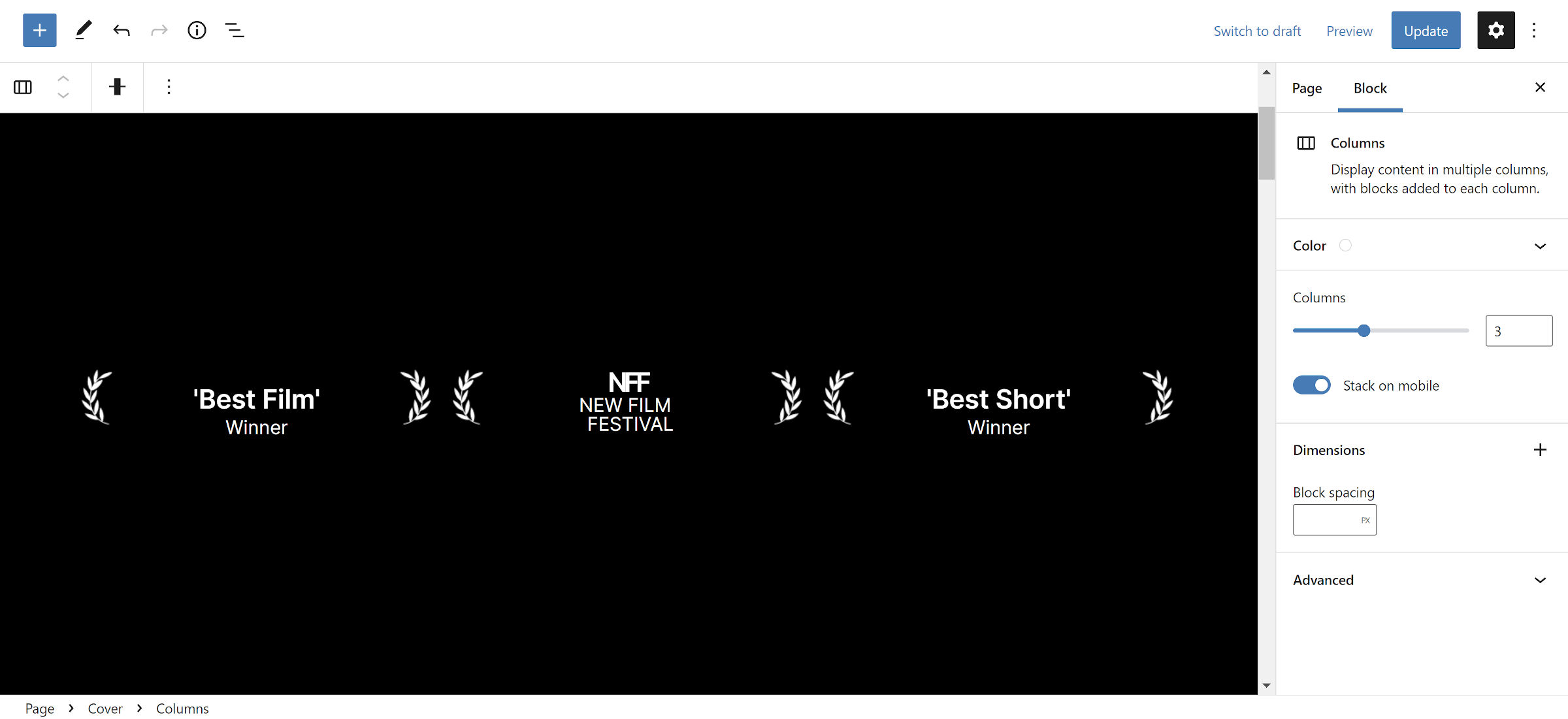 Three-column grid for showcasing film awards with rounded leaves around each.