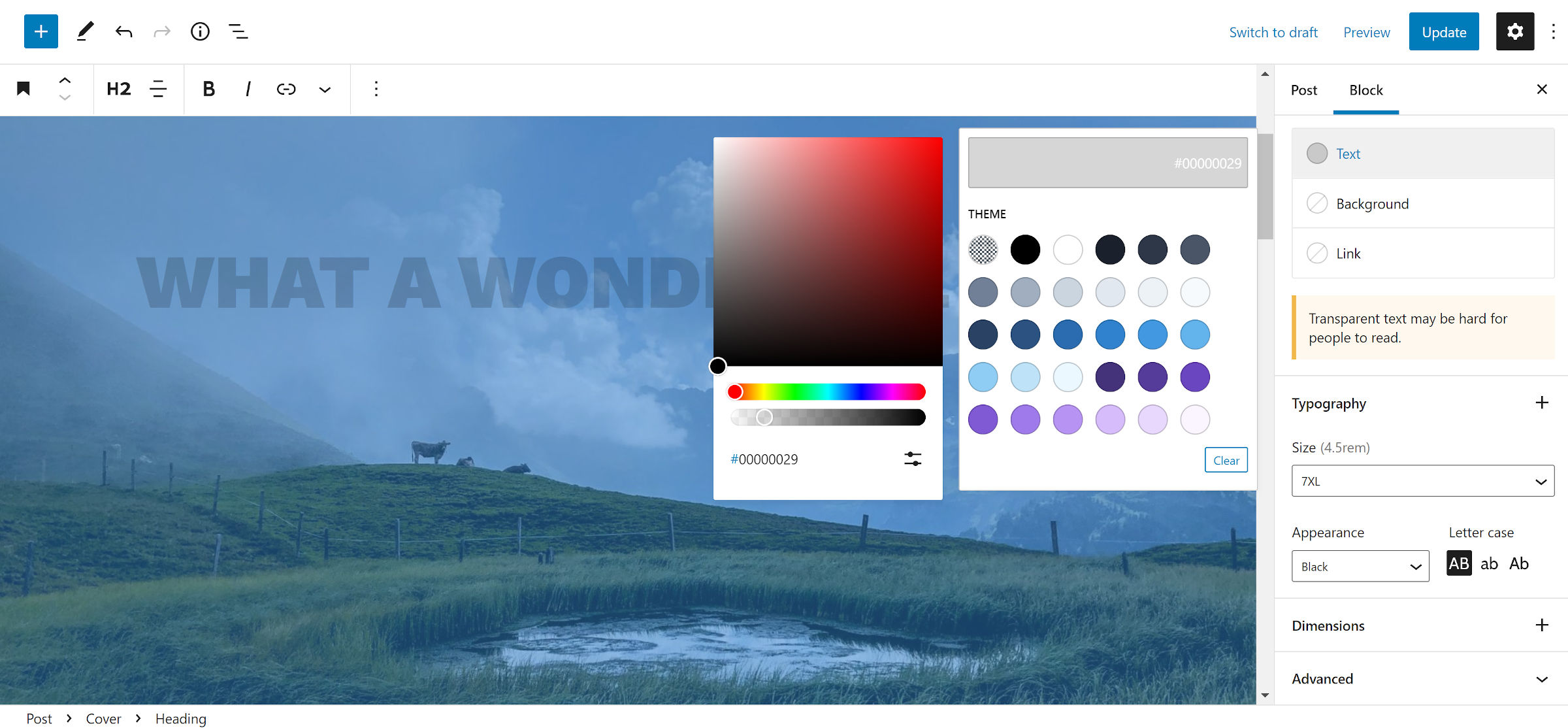 A Heading block sits on top of a Cover block in the WordPress post editor.  The color picker is open, which shows an alpha transparency slider.