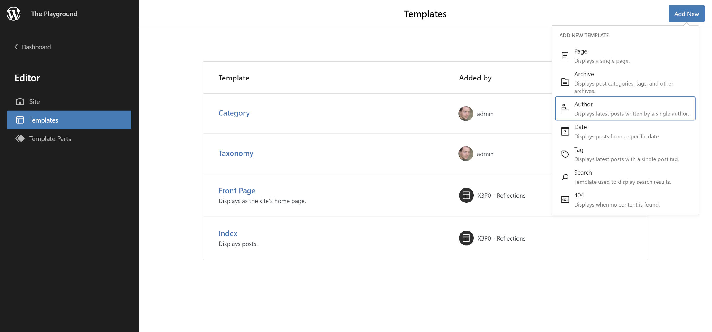 Gutenberg templates panel open.  The "add new" dropdown is open with the Author template highlighted.