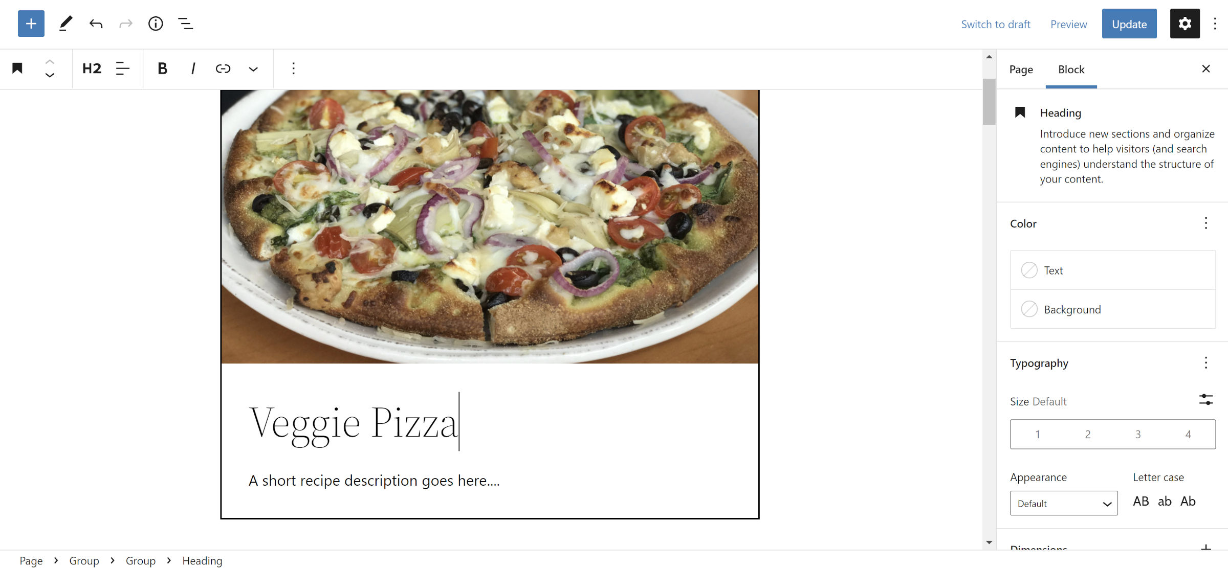 A recipe card with an image of pizza, followed by a Heading and Paragraph block in the block editor.