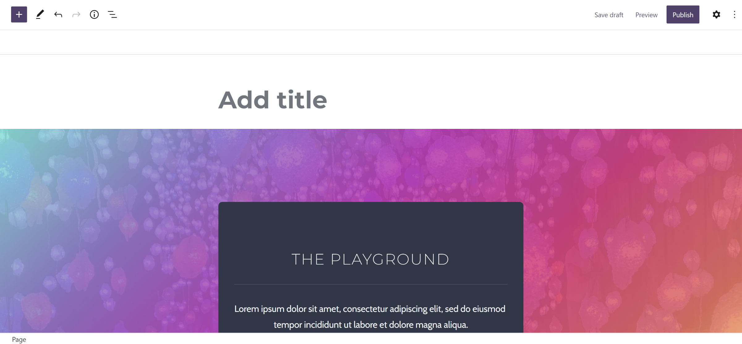 WordPress page editor with a full pattern inserted into the content canvas.  It features a colorful background and a centered section for profile content.