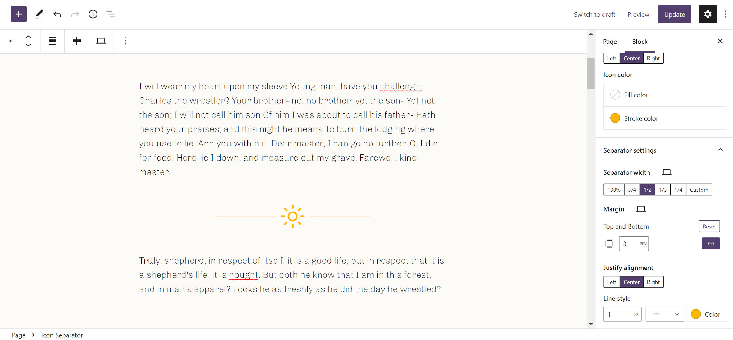 Two paragraphs in the WordPress block editor separated by an orange horizontal line with a sun icon in the middle of it.
