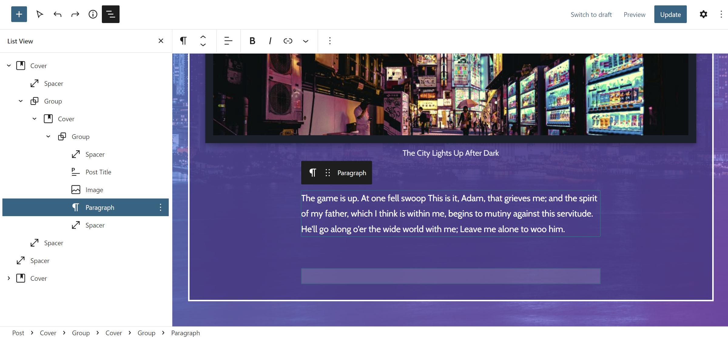 WordPress post editor with an image followed, by a paragraph and spacer inside of a set of containers with a purple background.
