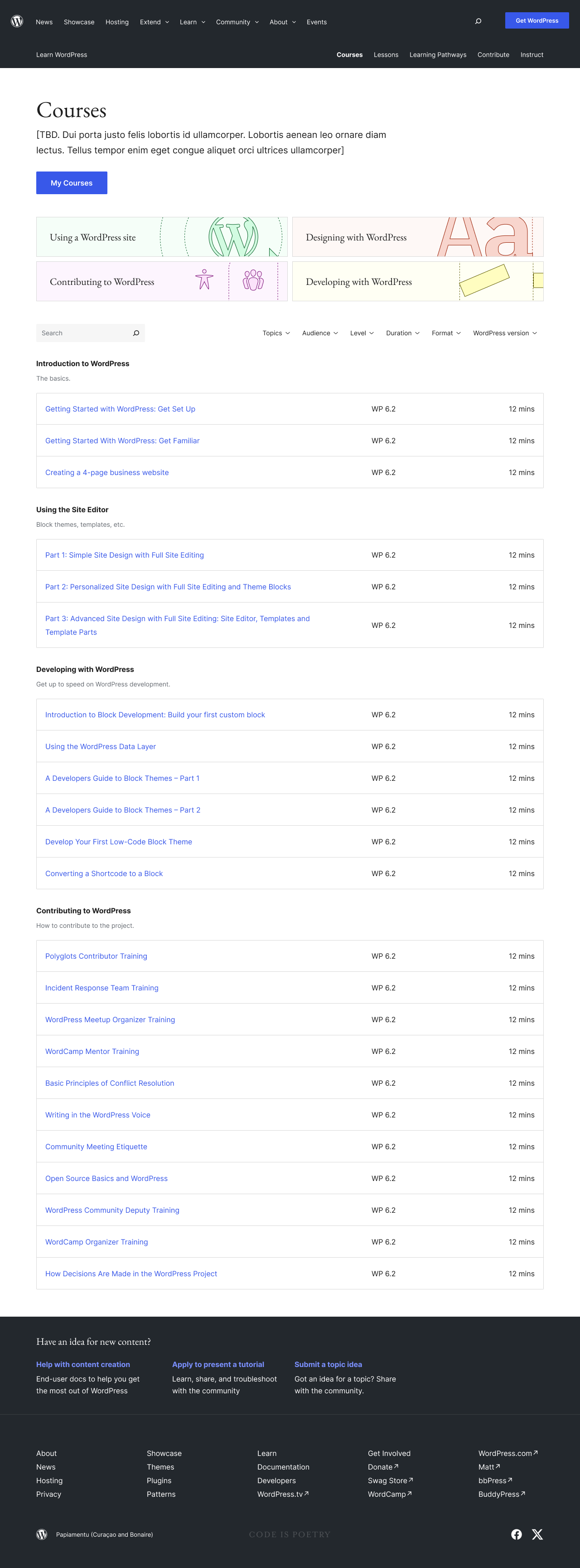 Screenshot of the "Courses" page with an example ordered list of lessons broken down by category.
